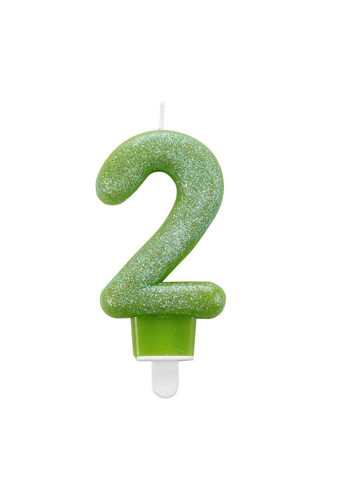 Number 2 Green Glitter Candle