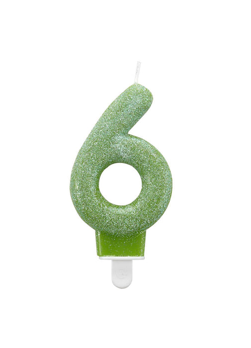 Number 6 Green Glitter Candle