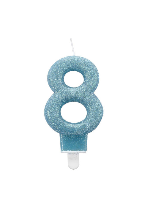 Number 8 Blue Glitter Candle