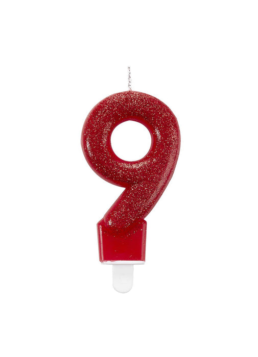 Number 9 Red Glitter Candle