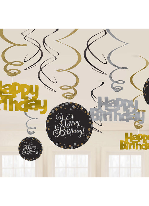 Gold Celebration Happy Birthday Swirl Decorations