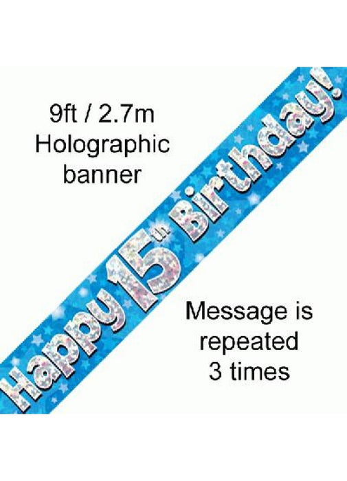 Happy 15th Birthday Blue Foil Banner