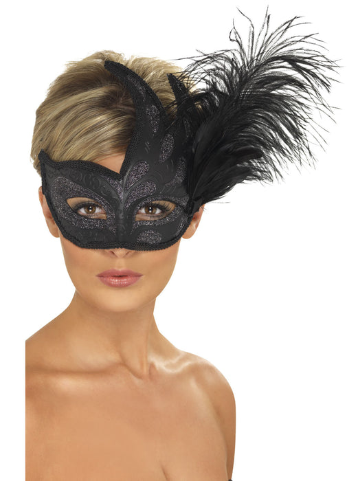 Ornate Colombina Black Feather Mask