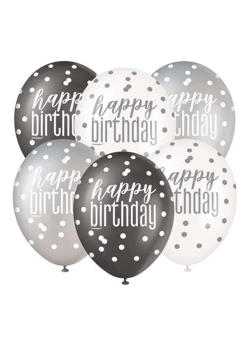 Black Glitz Happy Birthday Latex Balloons 6pk