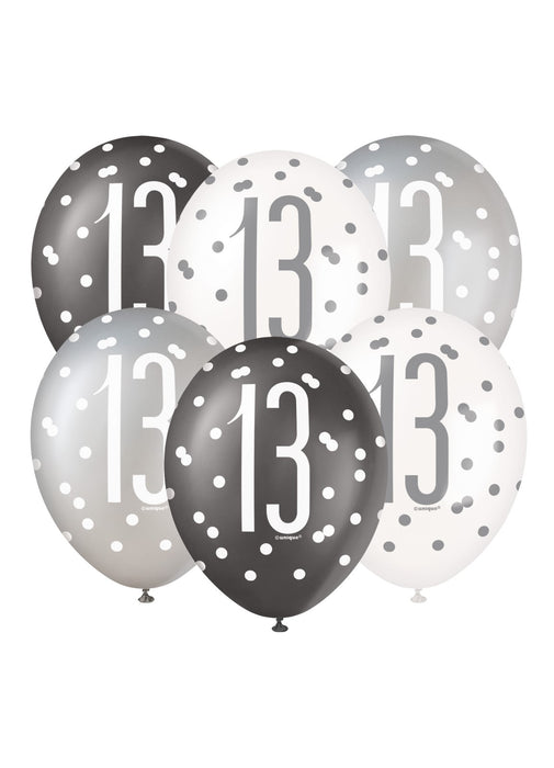 Black Glitz 13th Birthday Latex Balloons 6pk