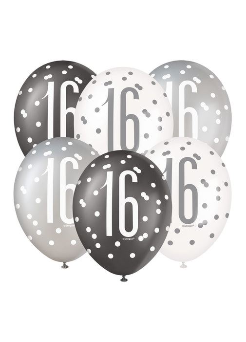 Black Glitz 16th Birthday Latex Balloons 6pk