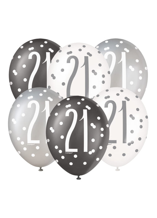 Black Glitz 21st Birthday Latex Balloons 6pk