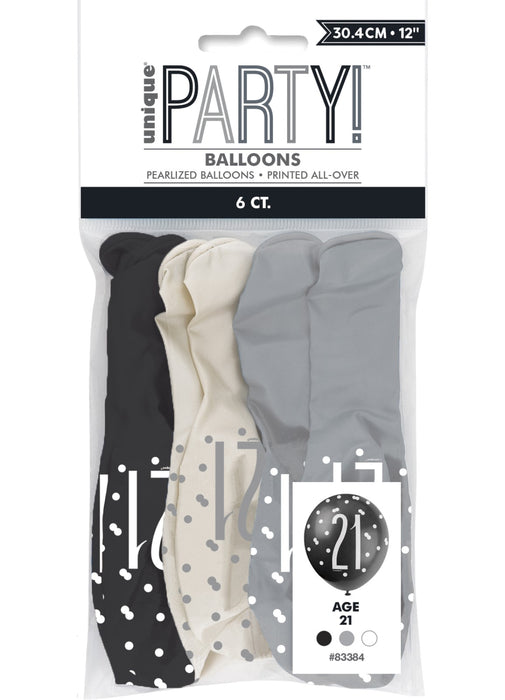 Black Glitz 21st Birthday Latex Balloons 6pk