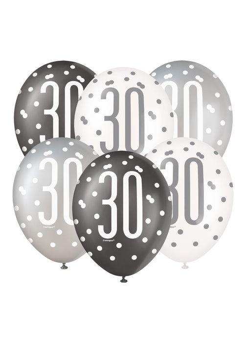 Black Glitz 30th Birthday Latex Balloons 6pk