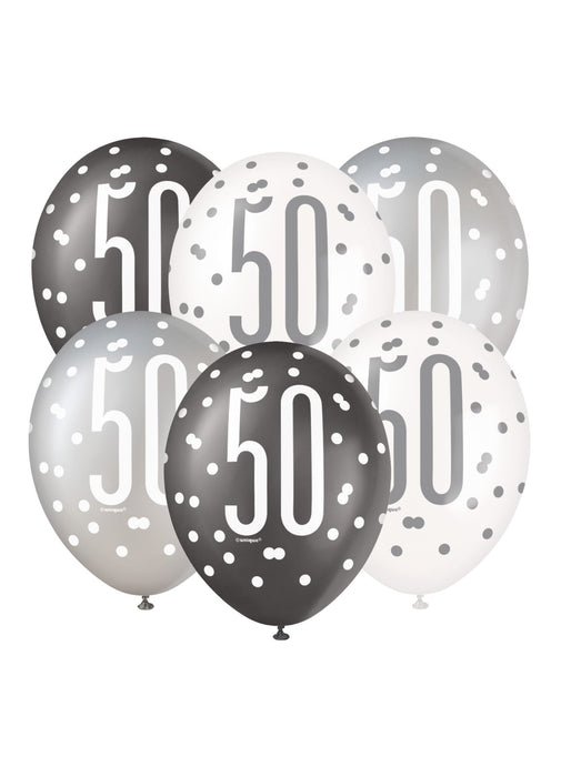 Black Glitz 50th Birthday Latex Balloons 6pk