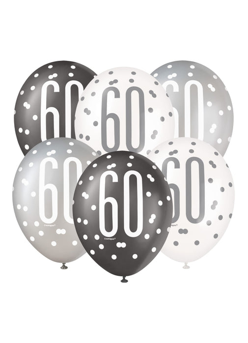Black Glitz 60th Birthday Latex Balloons 6pk