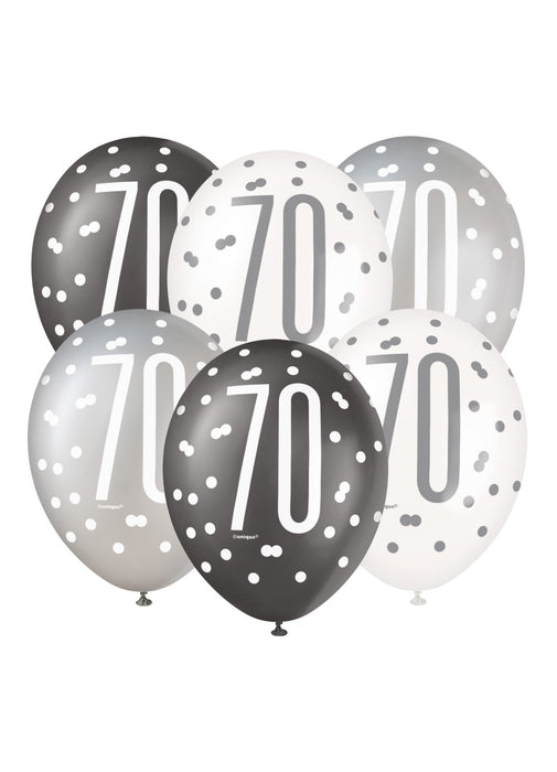 Black Glitz 70th Birthday Latex Balloons 6pk