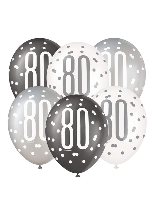Black Glitz 80th Birthday Latex Balloons 6pk