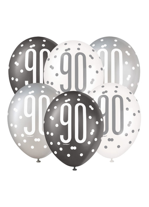 Black Glitz 90th Birthday Latex Balloons 6pk