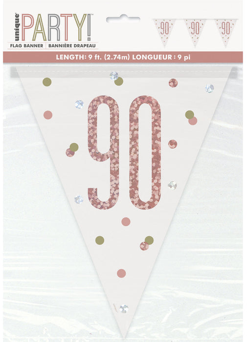 Rose Gold Glitz Age 90 Flag Banner