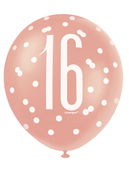 Rose Gold Glitz 16th Birthday Latex Balloons 6pk