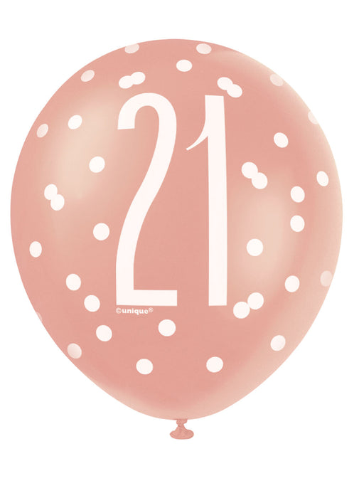 Rose Gold Glitz 21st Birthday Latex Balloons 6pk