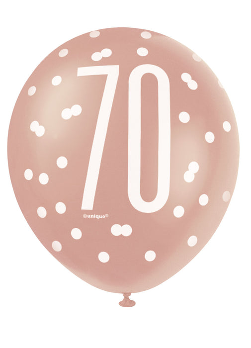 Rose Gold Glitz 70th Birthday Latex Balloons 6pk