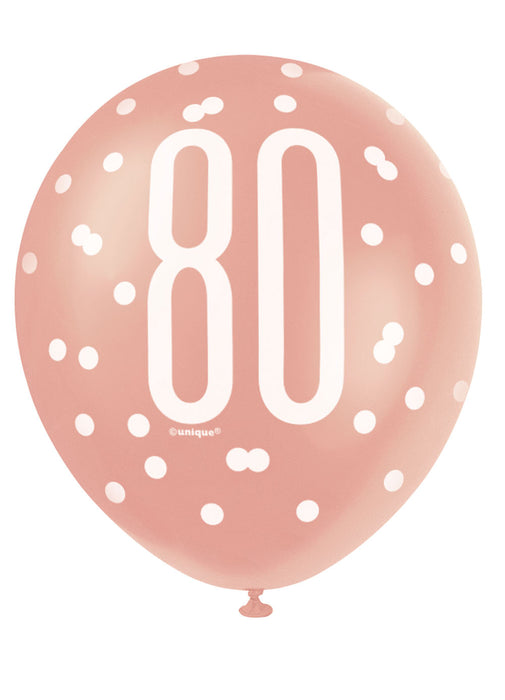 Rose Gold Glitz 80th Birthday Latex Balloons 6pk