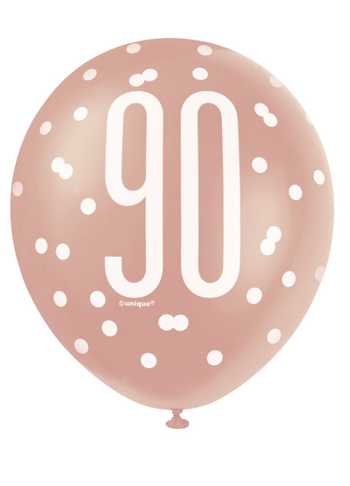 Rose Gold Glitz 90th Birthday Latex Balloons 6pk