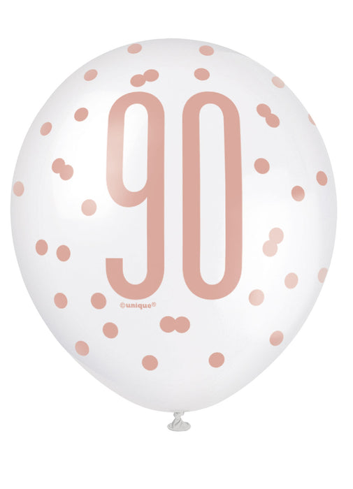 Rose Gold Glitz 90th Birthday Latex Balloons 6pk